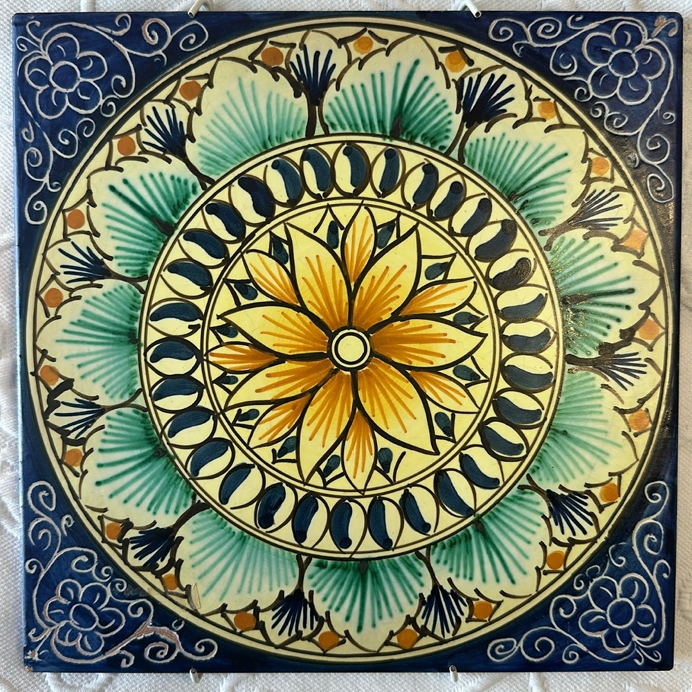 Italian Majolica Ceramic‎ Blue and Yellow Tile w/ Wall Hanging Bracket 8" X 8"